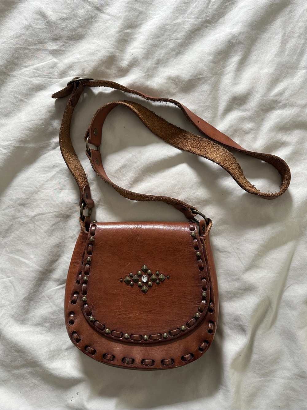 Classic Brown Leather Crossbody Bag with Stud Detail